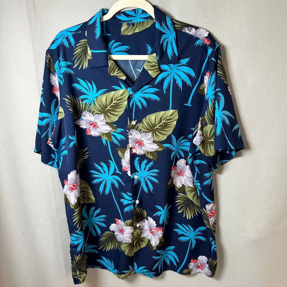Unbranded Shirt Men XL Blue Floral Palm Tree Tropical Hawaiian Summer Festival
